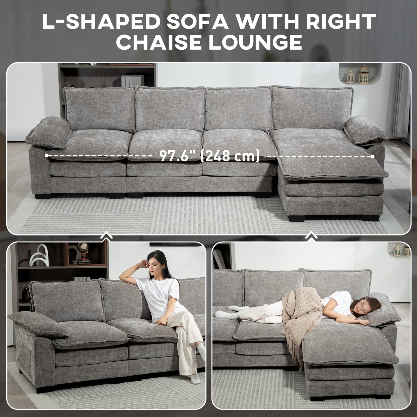 Chenille L-shaped sofa with double-layer seat cushion for living room, gray