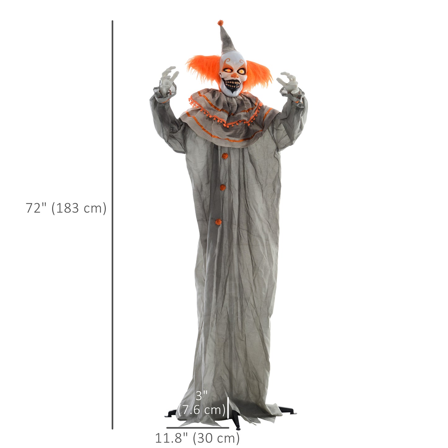 Clown classique orange grandeur nature 1,80 m, décoration d'Halloween d'extérieur, animatronique, activé par le son et le mouvement, avec yeux lumineux