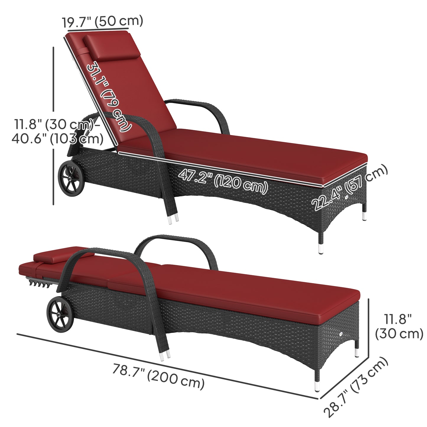 Outsunny Outdoor Sun Lounger, Lounge Chair with Headrest, 5 Level Adjustable, Backrest, Casters, Deep Coffee and Wine Red |