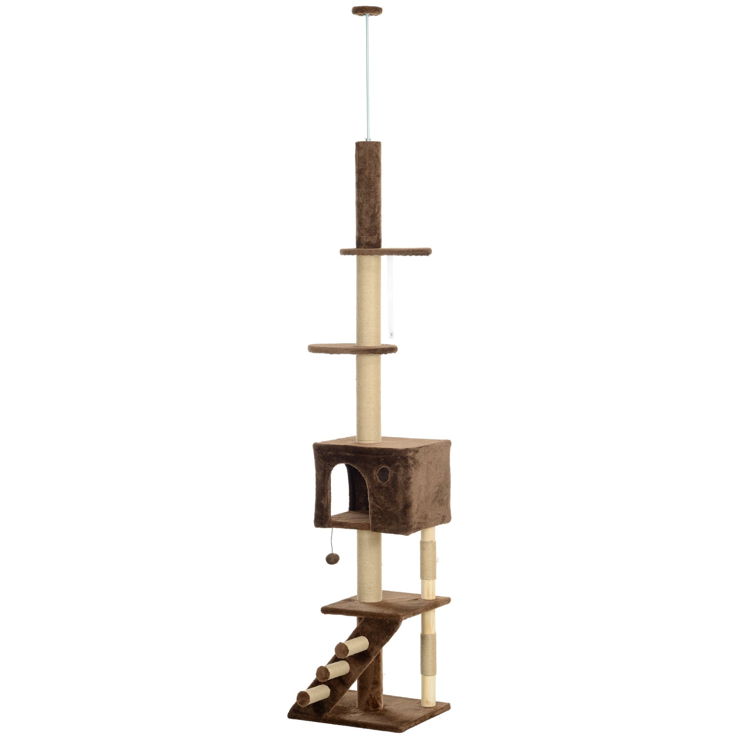 226-264 cm (89-104 in) Cat Tree with Scratching Post, Cat House, 3 Steps, Hanging Ball, Brown