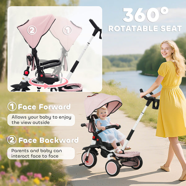 Tricycle 6 en 1 avec poignée de poussée, auvent amovible, siège pivotant, rose