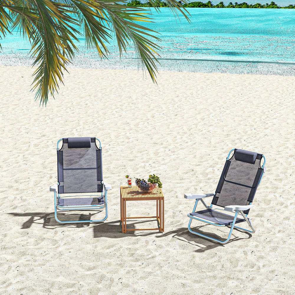 Lot de 2 chaises de plage, chaises de camping avec dossier et appui-tête réglables, bleu foncé