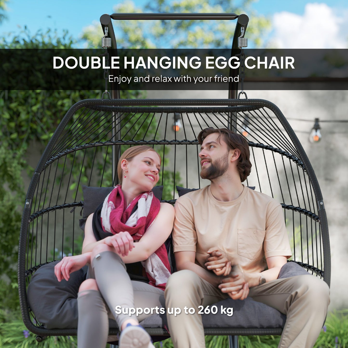Outsunny Balancelle double en osier avec support, pliable et suspendue, coussin résistant aux UV, appui-tête, gris foncé
