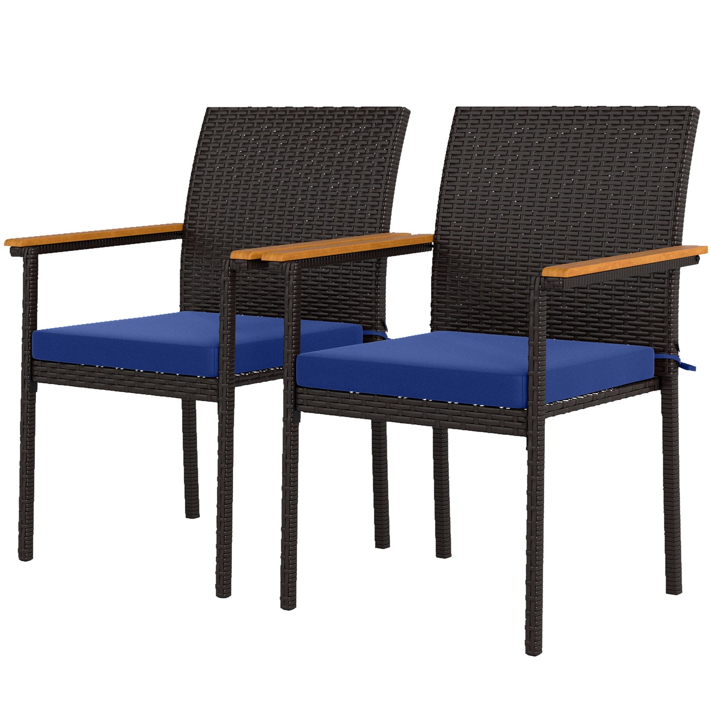 Lot de 2 chaises de jardin empilables en osier avec coussin amovible et accoudoirs, bleu marine
