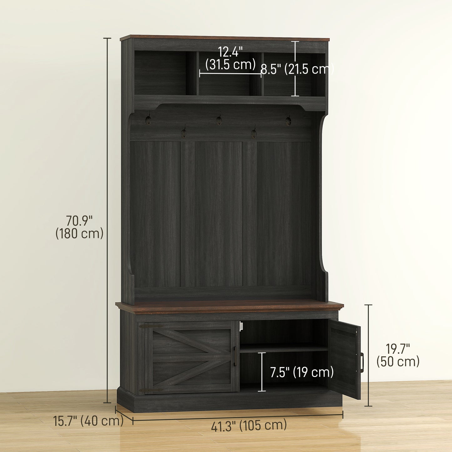 Meuble d'entrée 3 en 1 avec banc, porte-manteau et rangement pour chaussures, noir vieilli