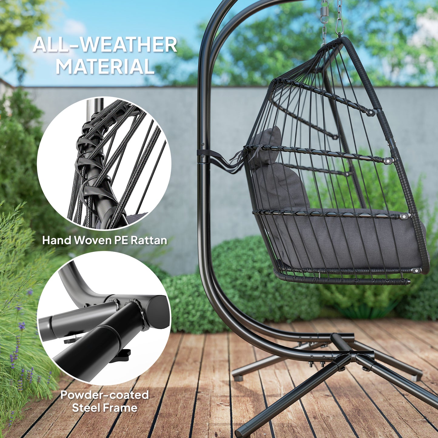 Outsunny Balancelle double en osier avec support, pliable et suspendue, coussin résistant aux UV, appui-tête, gris foncé