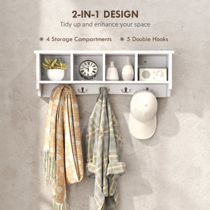 Wall Mounted Coat Rack with Shelf, 71cm, 5 Hooks and 4 Compartments, for Living Room, Entryway, White
