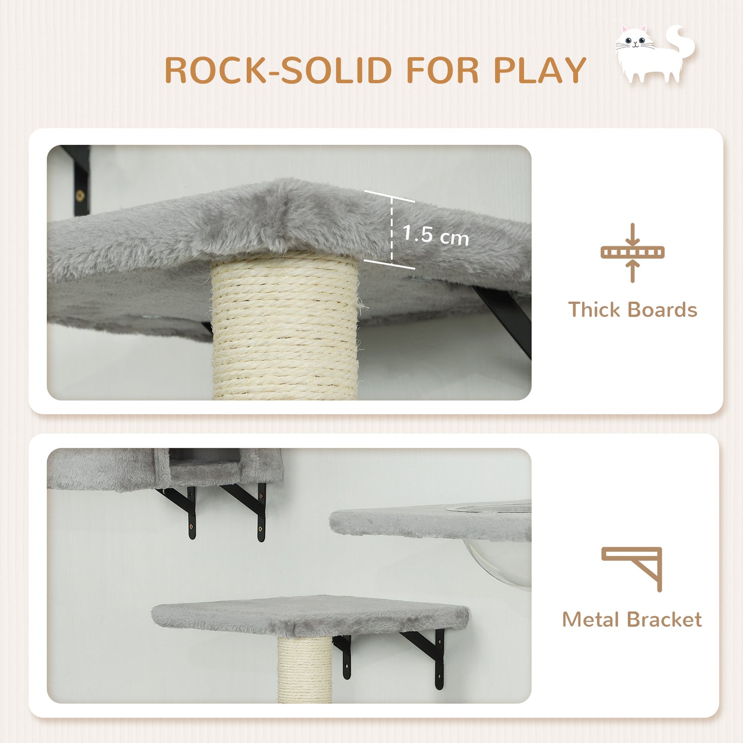 Set of 7 Wall Shelves and Perches with House, Sisal Ladder, Bed and Ball, Grey