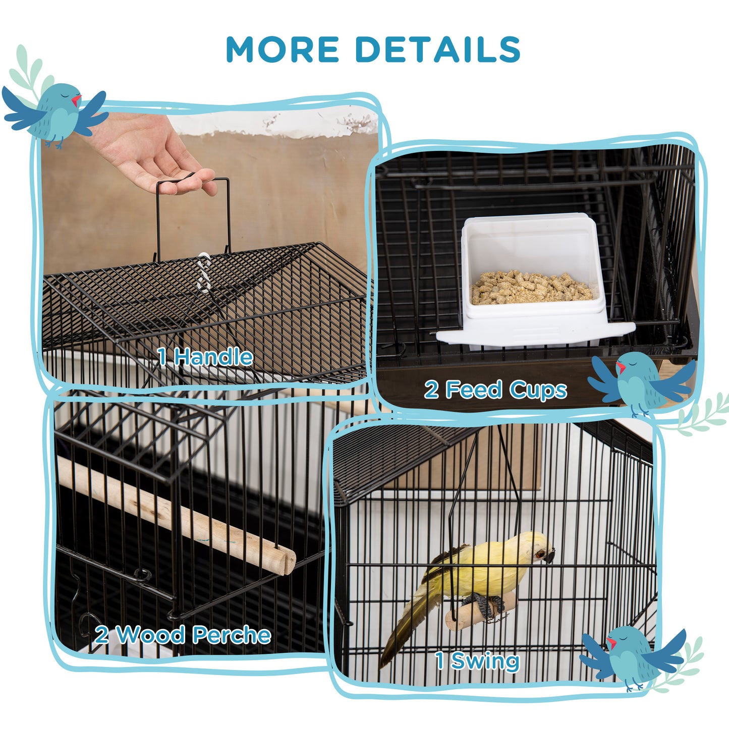 PawHut 25" Bird Cage with Perch, Swing, Food Container, Sliding Tray & Handle, for Finches, Canaries & Parakeets