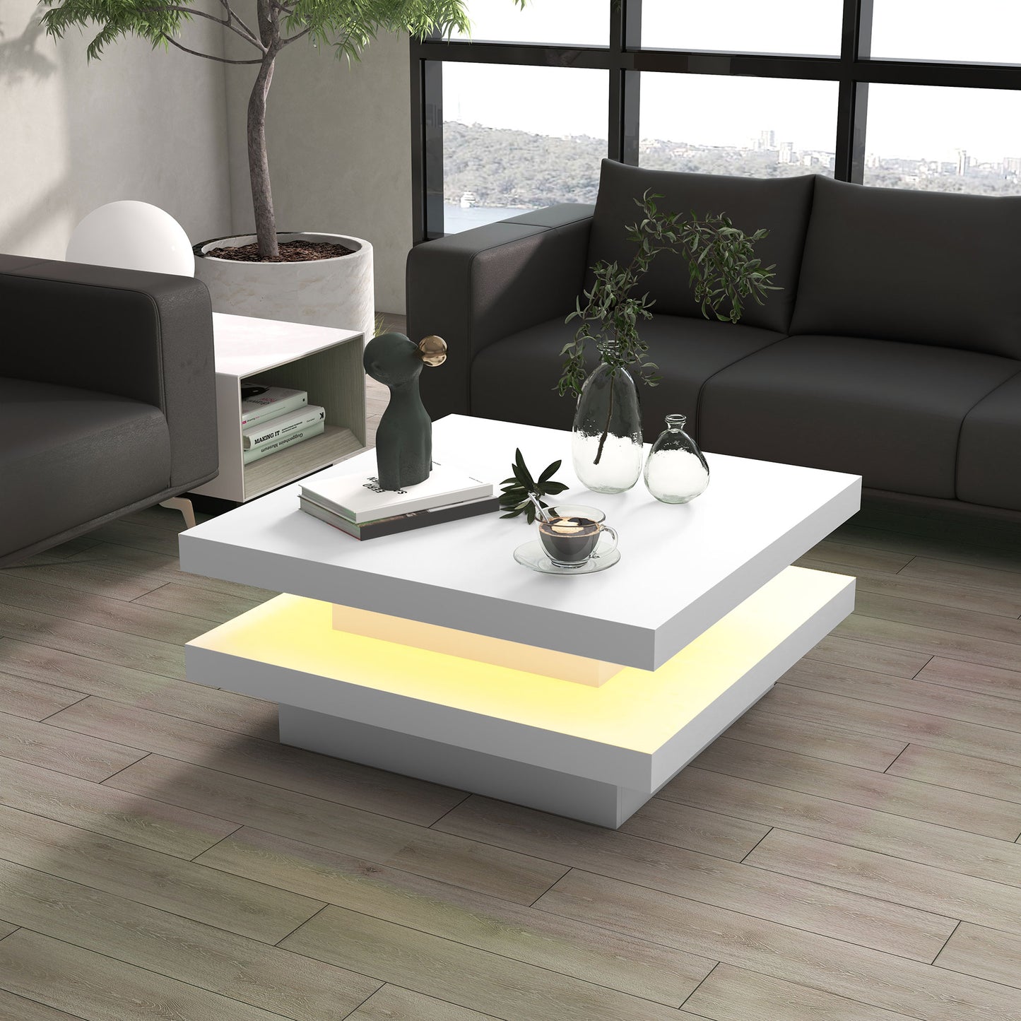 Table basse carrée avec 7 lumières LED et télécommande, blanche