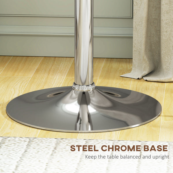 Modern round bar table, height adjustable, wooden top covered with faux leather, chrome base, white