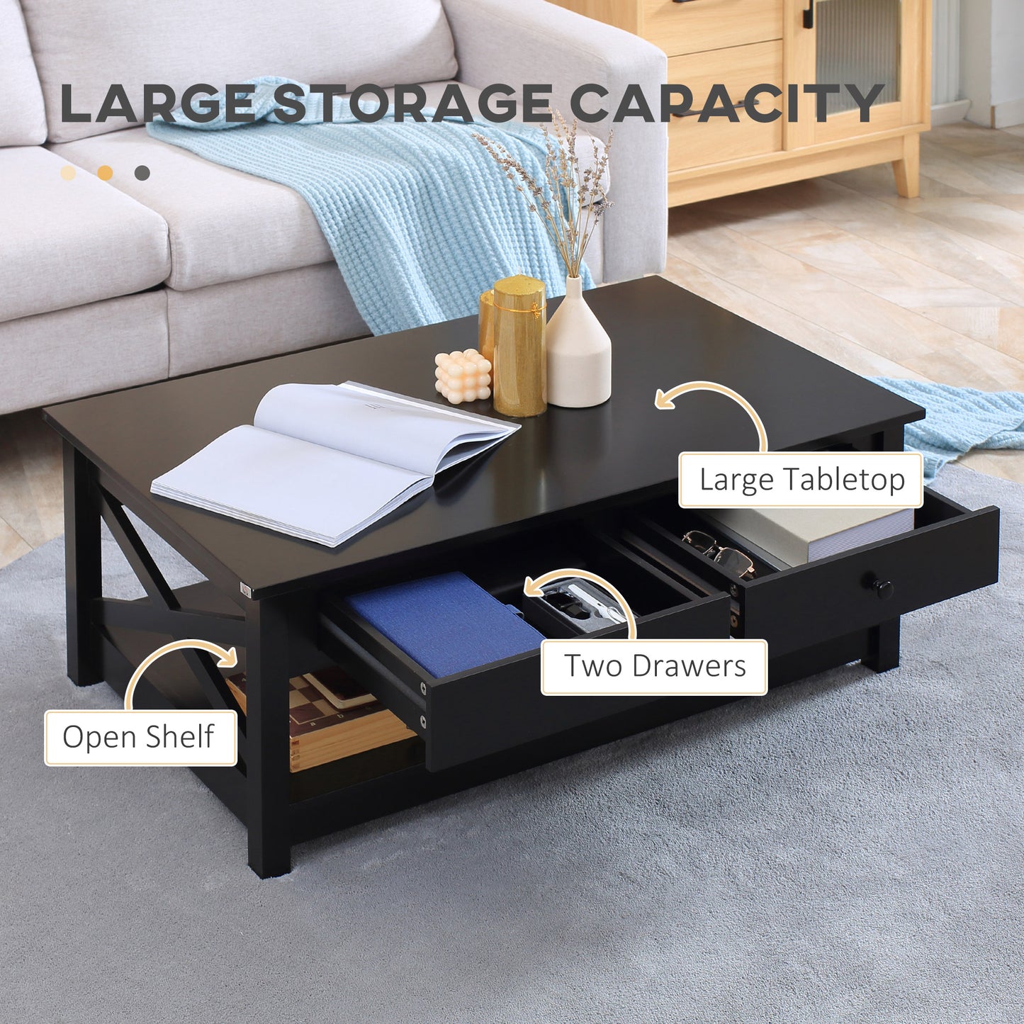 HOMCOM Coffee Table with Storage, Farmhouse Style Living Room Table with Drawers and Open Shelf, Center Table with X-Frames, Black