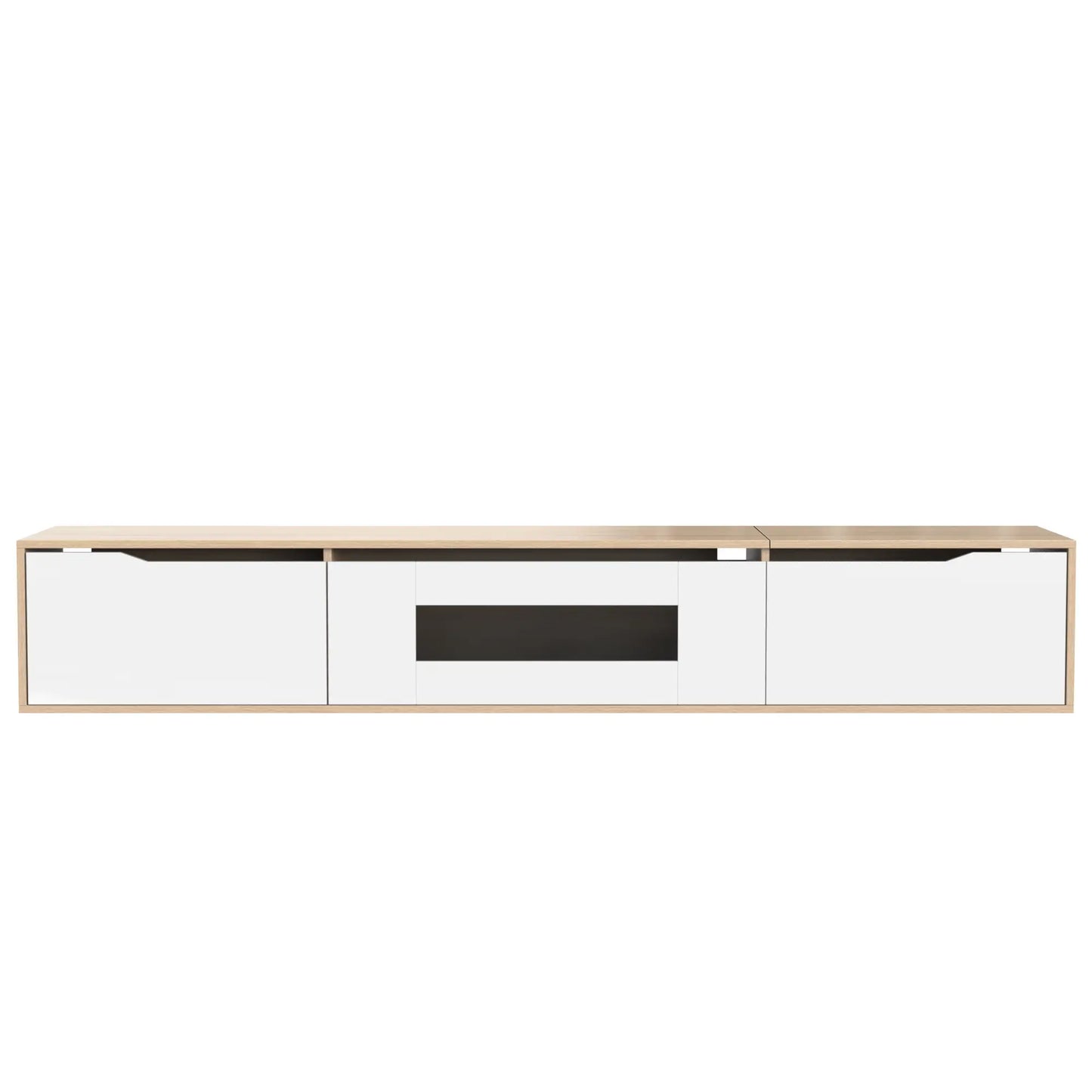 Meuble TV brillant avec éclairage LED, design moderne et options de montage polyvalentes, blanc et bois