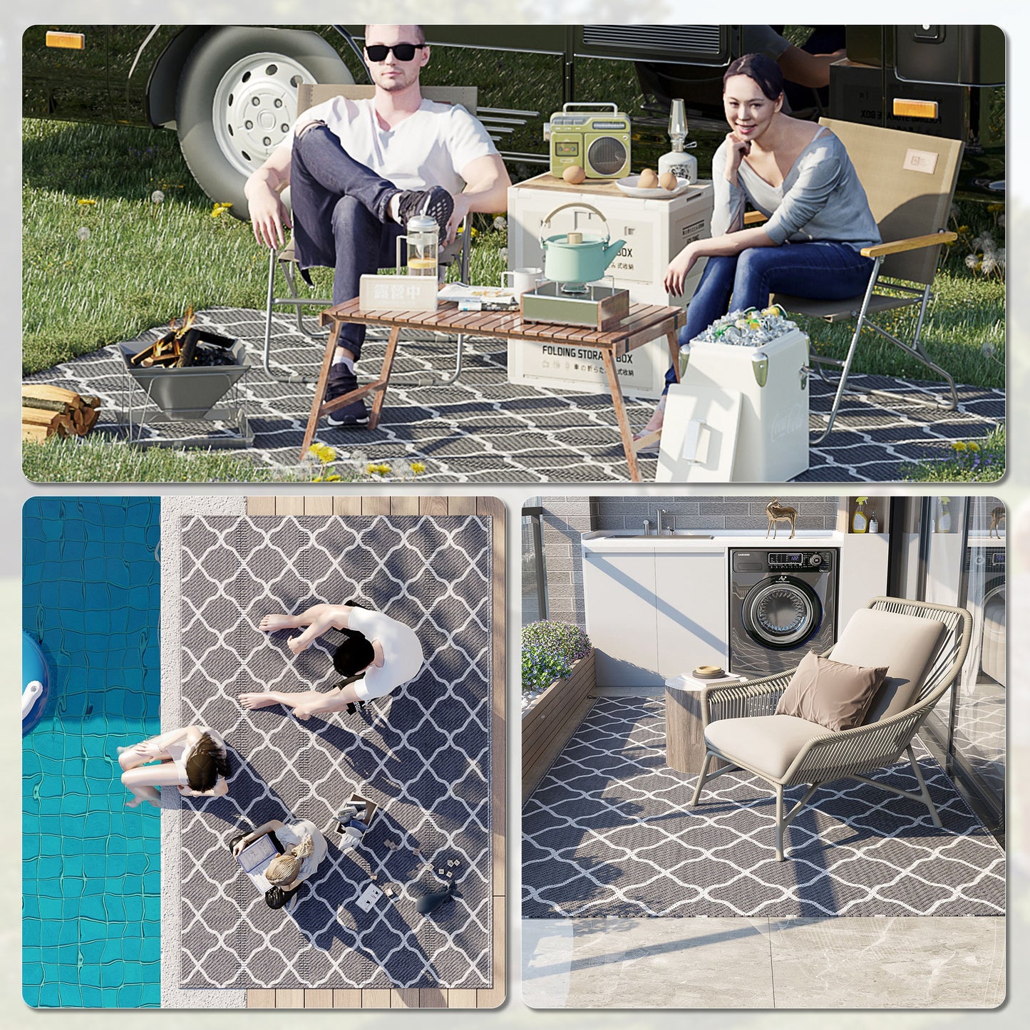 Waterproof Outdoor Rug, 1.8m x 2.7m, Reversible, for Campervan, Garden, Patio, Picnic, Beach, Camping, Grey and White Mesh