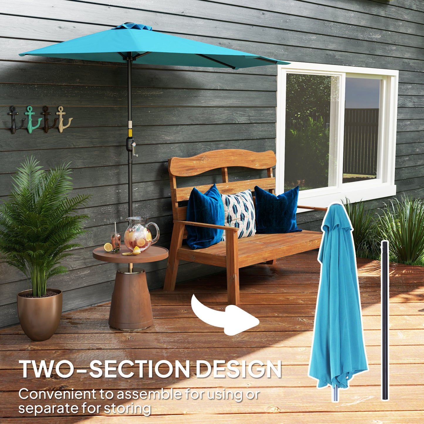 Outsunny 2.7m Half Round Parasol for Patio, Garden, Balcony, Window, Sun Shade with 5 Ribs, Light Blue