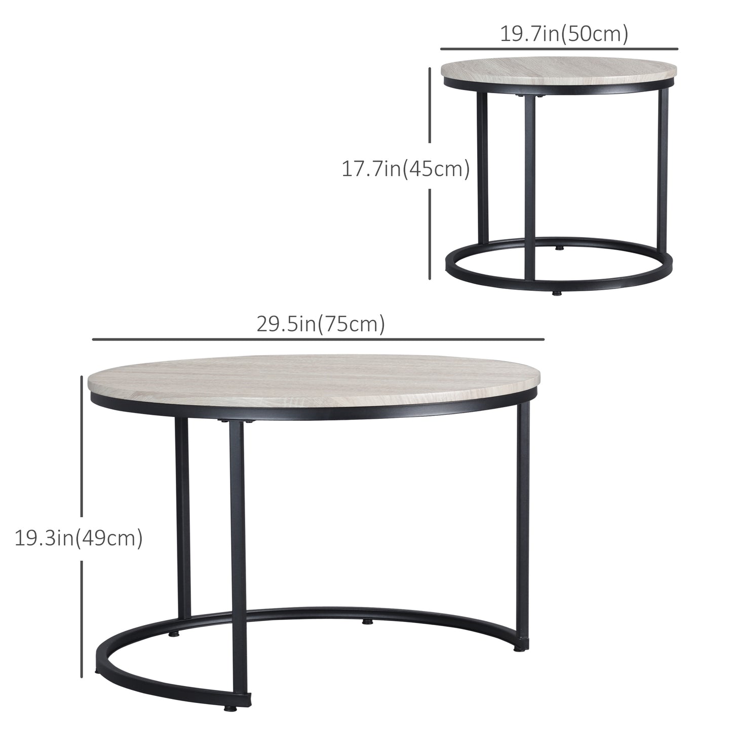 Lot de 2 tables basses ronde avec structure en métal, tables de salon, grain de bois gris