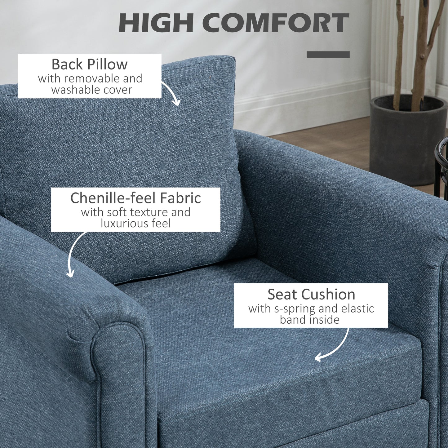 Fauteuil d'appoint rembourré avec accoudoirs roulés, pieds en bois d'hévéa en forme de gourde, bleu foncé