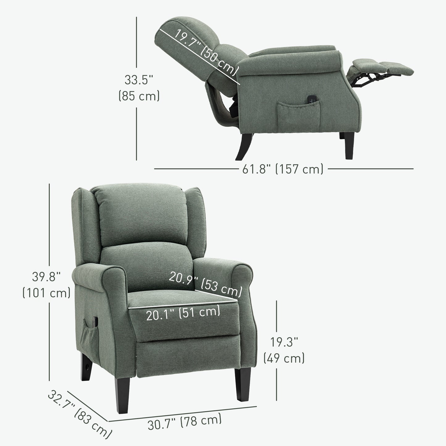 Fauteuil inclinable à massage par vibrations avec repose-pieds extensible, télécommande, vert foncé