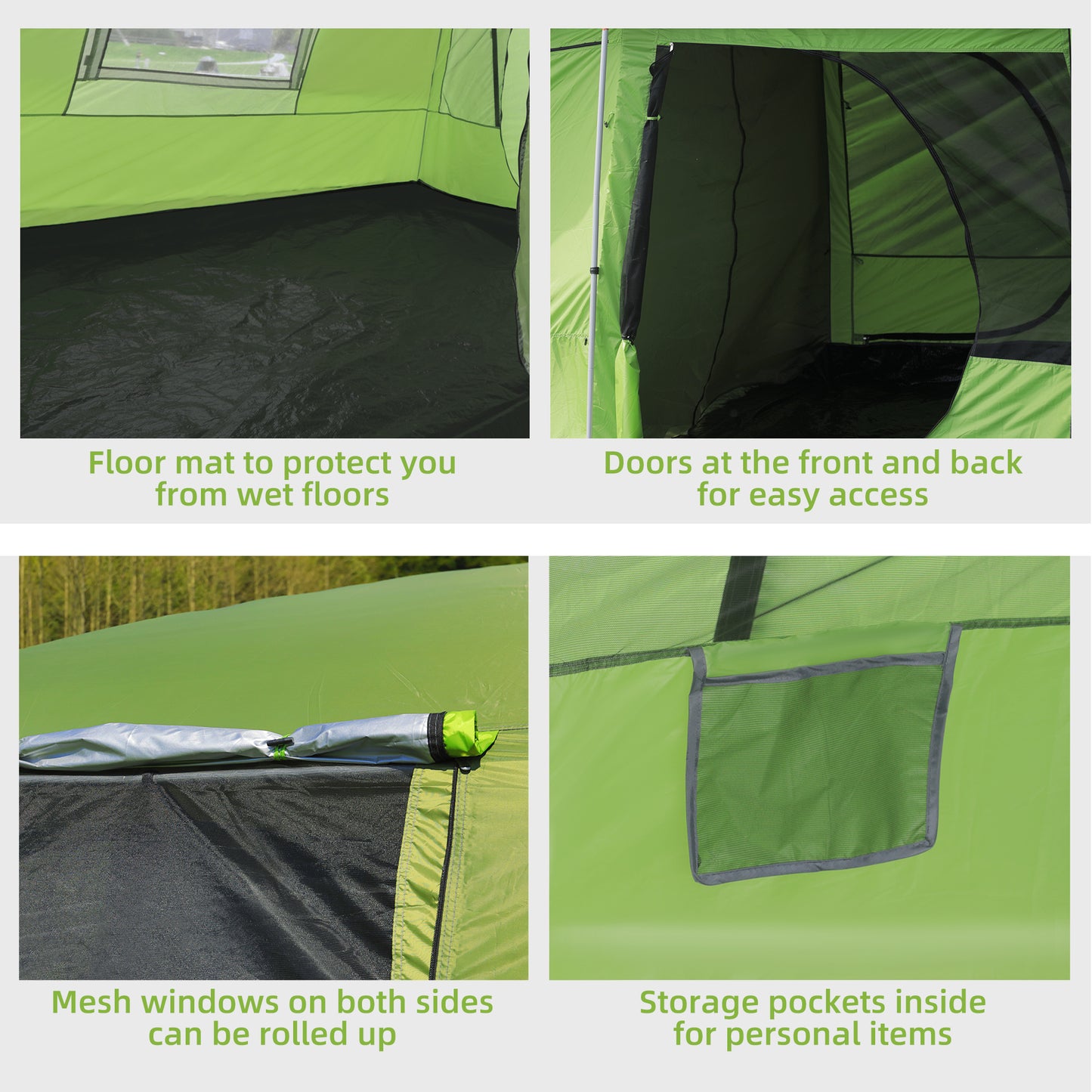 Outsunny Tunnel Tent with Porch, Two Rooms, Lamp Hook, Portable Carry Bag, Green