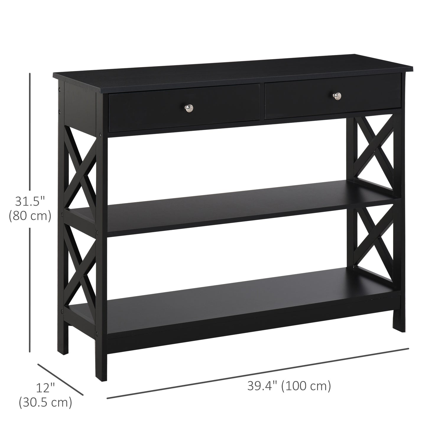 Console d'appoint avec Étagères de Rangement tiroirs et cadre en X, Noir