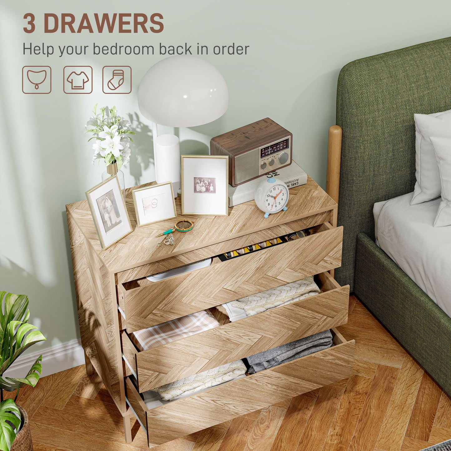 Commode de chambre avec système anti-basculement à 3 tiroirs pour salon, couloir, bois naturel