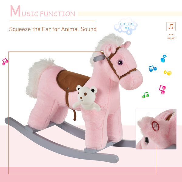 Plush rocking horse with teddy bear, pink