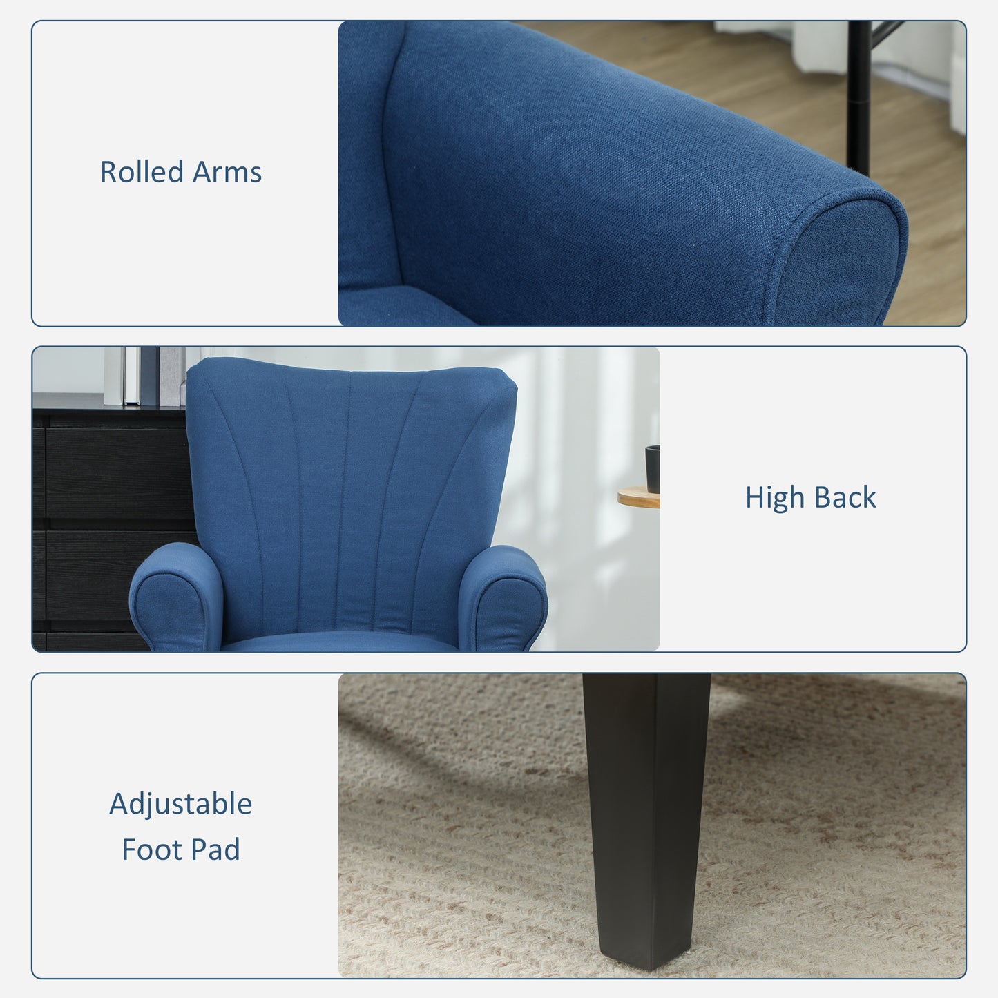Fauteuil d'appoint moderne en tissu HOMCOM avec pieds en bois pour salon, chambre et bureau, bleu foncé