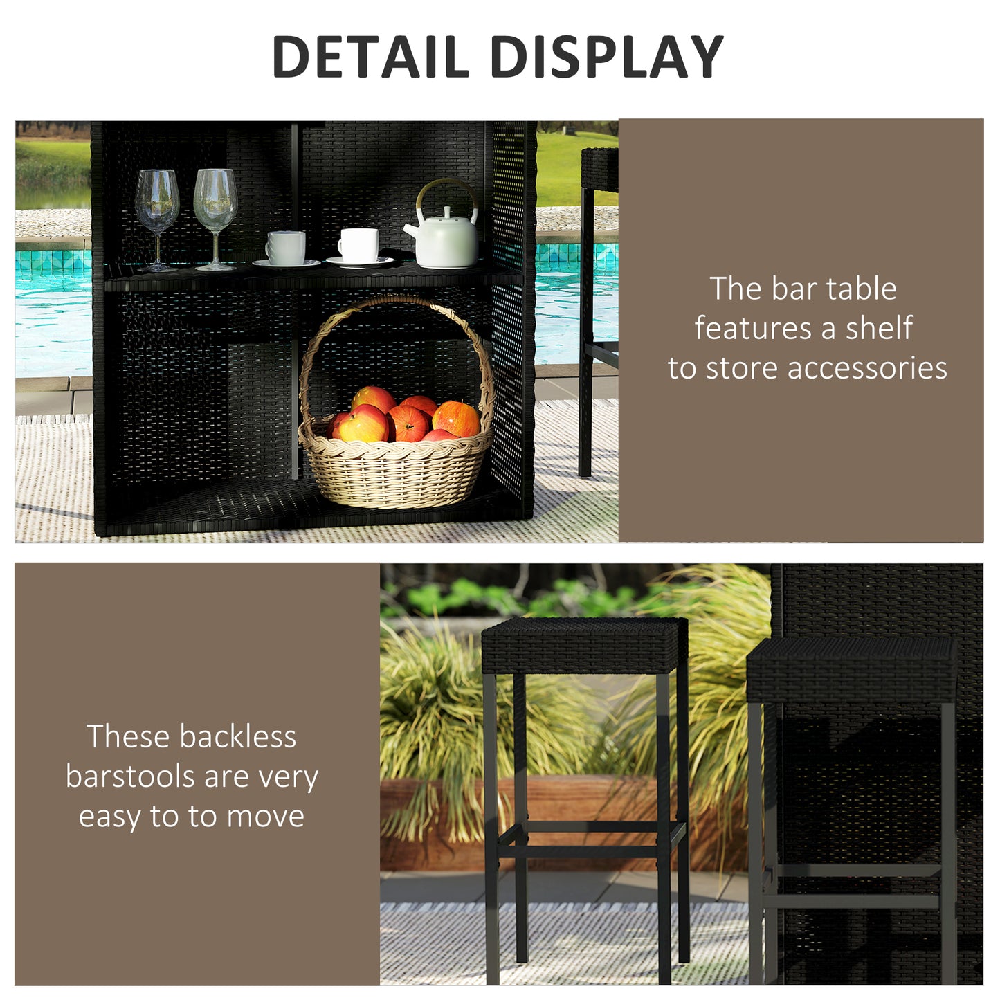 Outsunny 5 Pieces Patio Bar Set, Outdoor PE Rattan Wicker High Top Outdoor Table and Chairs with Glass Top Bar Table and Shelves, 4 Bar Chairs, Black |