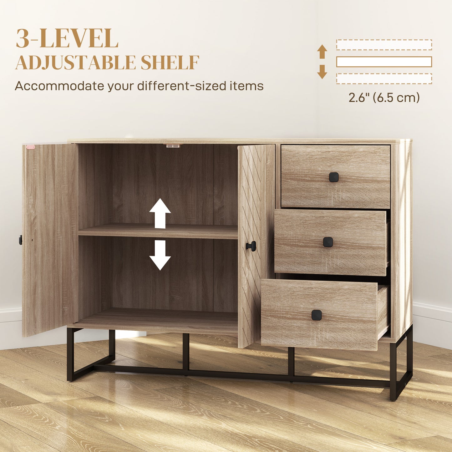 Buffet moderne, 108 cm, étagères réglables et 3 tiroirs, meuble bar à café avec 2 portes, chêne