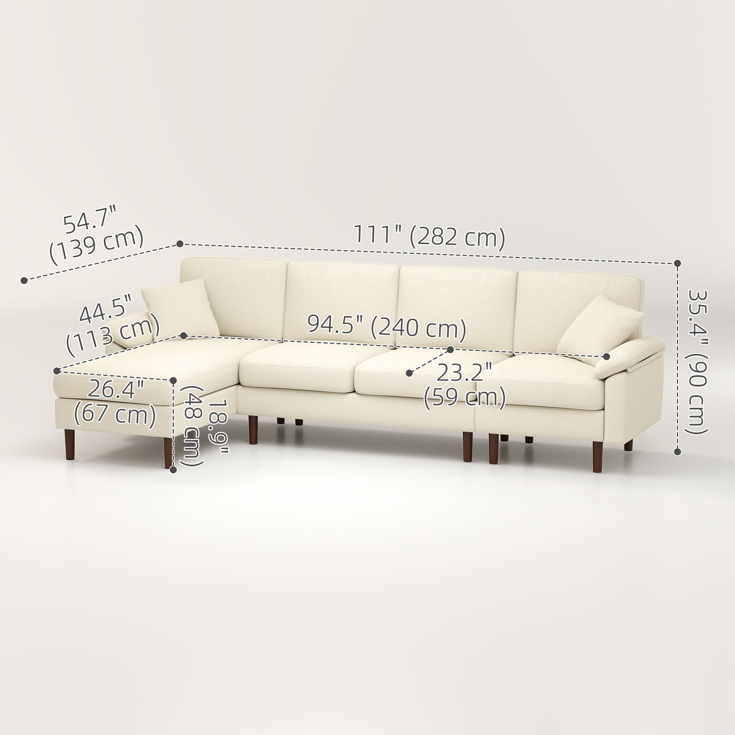 HOMCOM Modern L-Shaped Sectional Sofa with Removable Chaise, Cushions and Wooden Legs for Living Room, Cream White