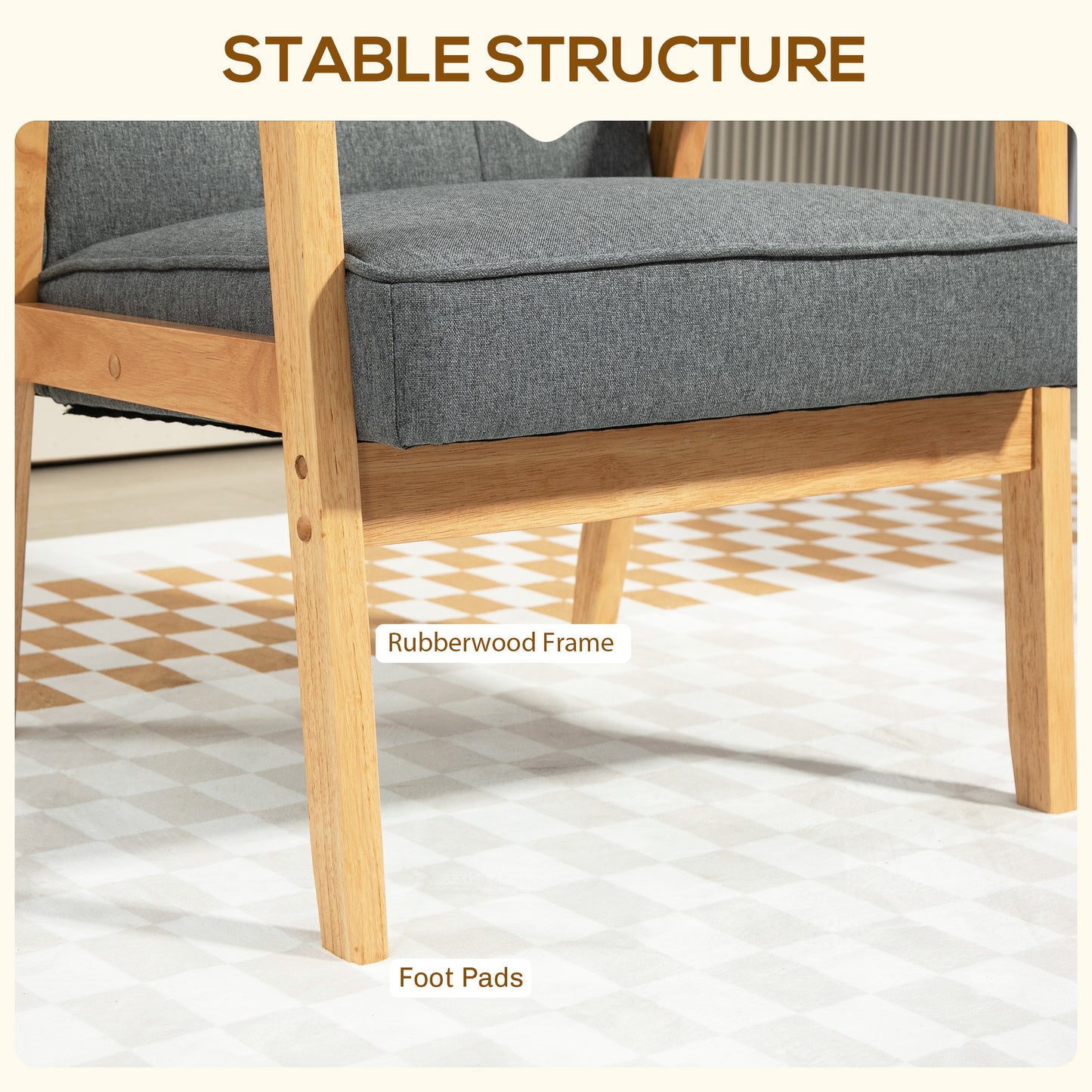 Fauteuil d'appoint moderne avec dossier capitonné, fauteuil en tissu et structure en bois massif pour chambre à coucher, gris