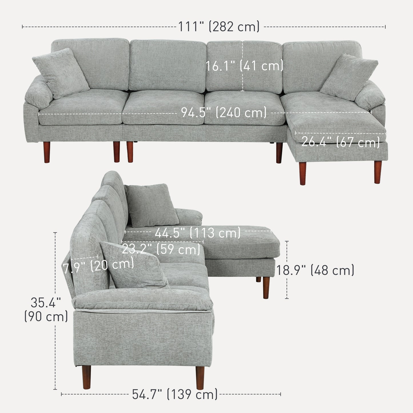 Modern Sectional Sofa with Removable Chaise, Cushions and Wooden Legs for Living Room, Gray
