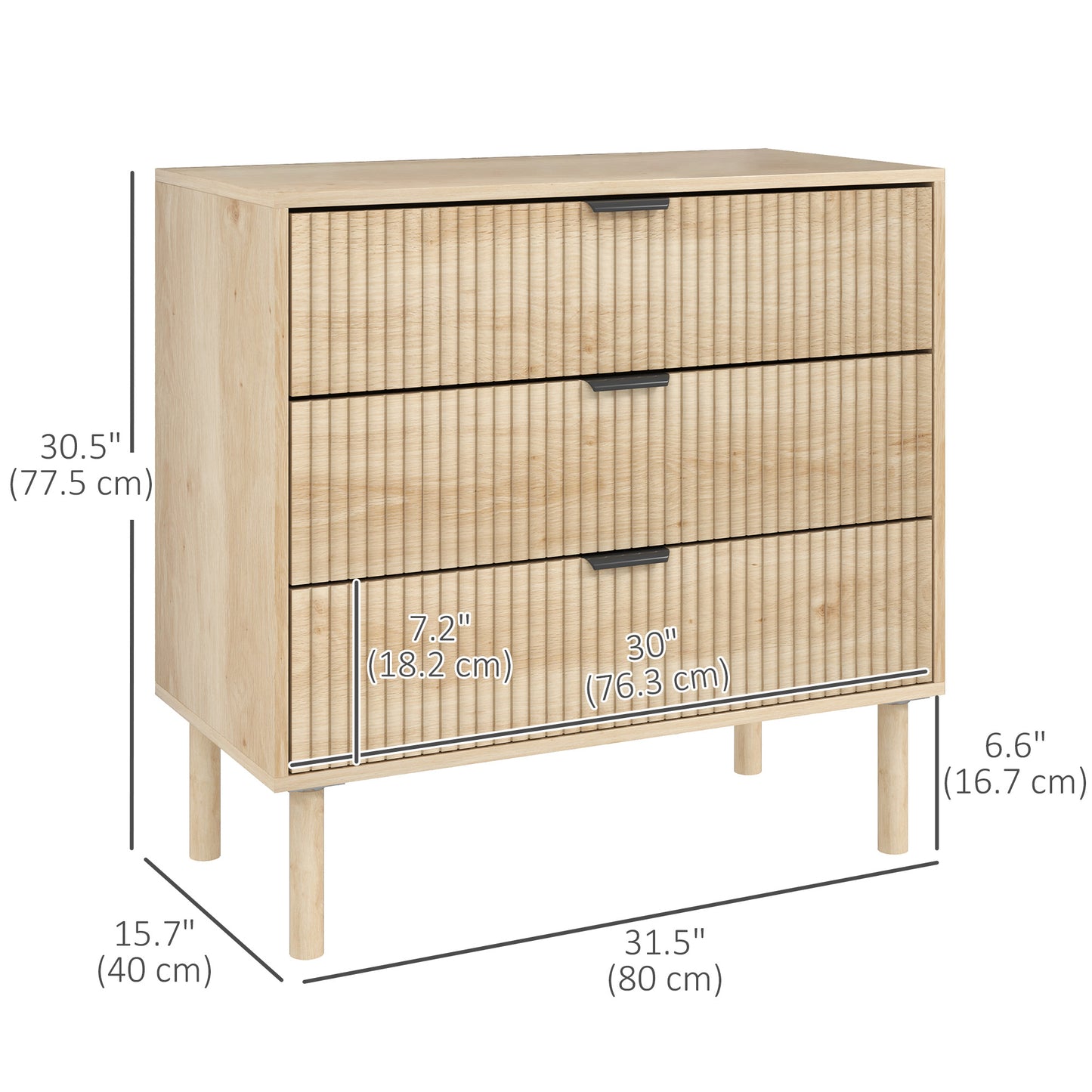 3-drawer bedroom chest of drawers with fluted panels and solid wood legs, oak