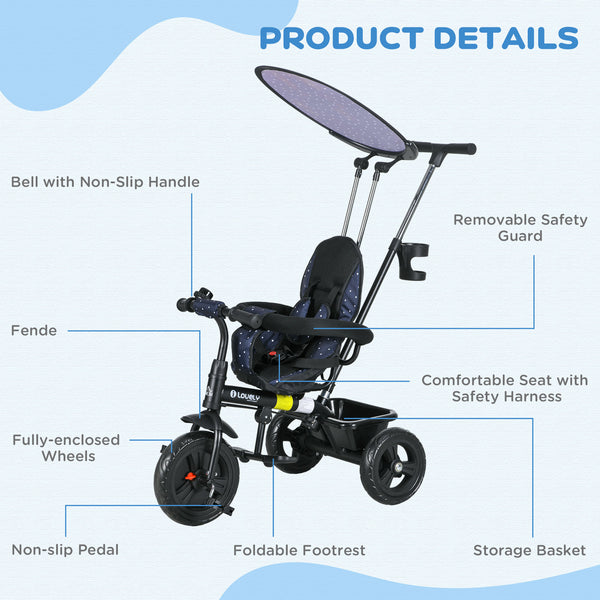 Tricycle 6 en 1 pour enfants avec guidon et auvent amovibles, bleu marine