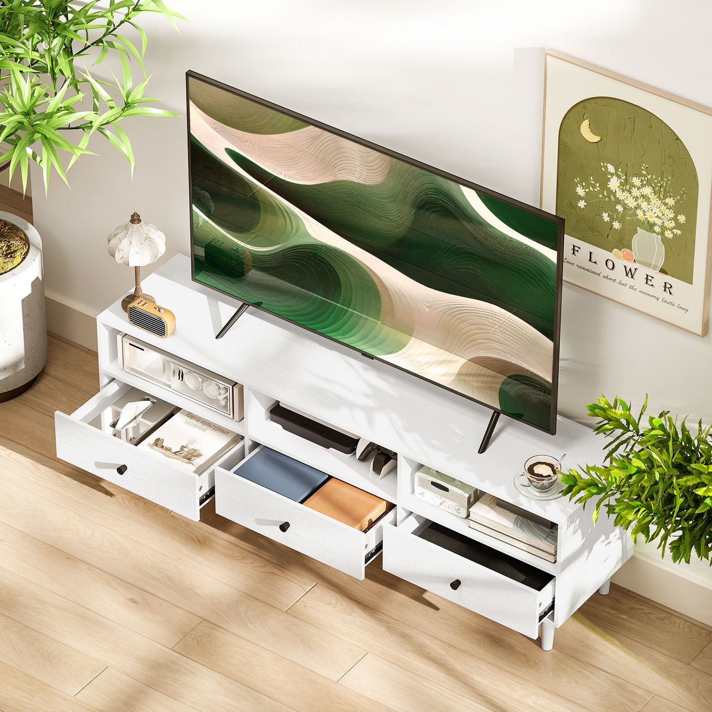 Meuble TV jusqu'à 75 pouces avec 3 étagères de rangement et 3 tiroirs, blanc