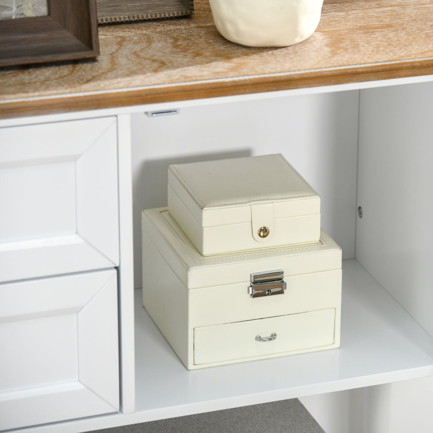 Console vintage avec 2 tiroirs et rangements, blanche