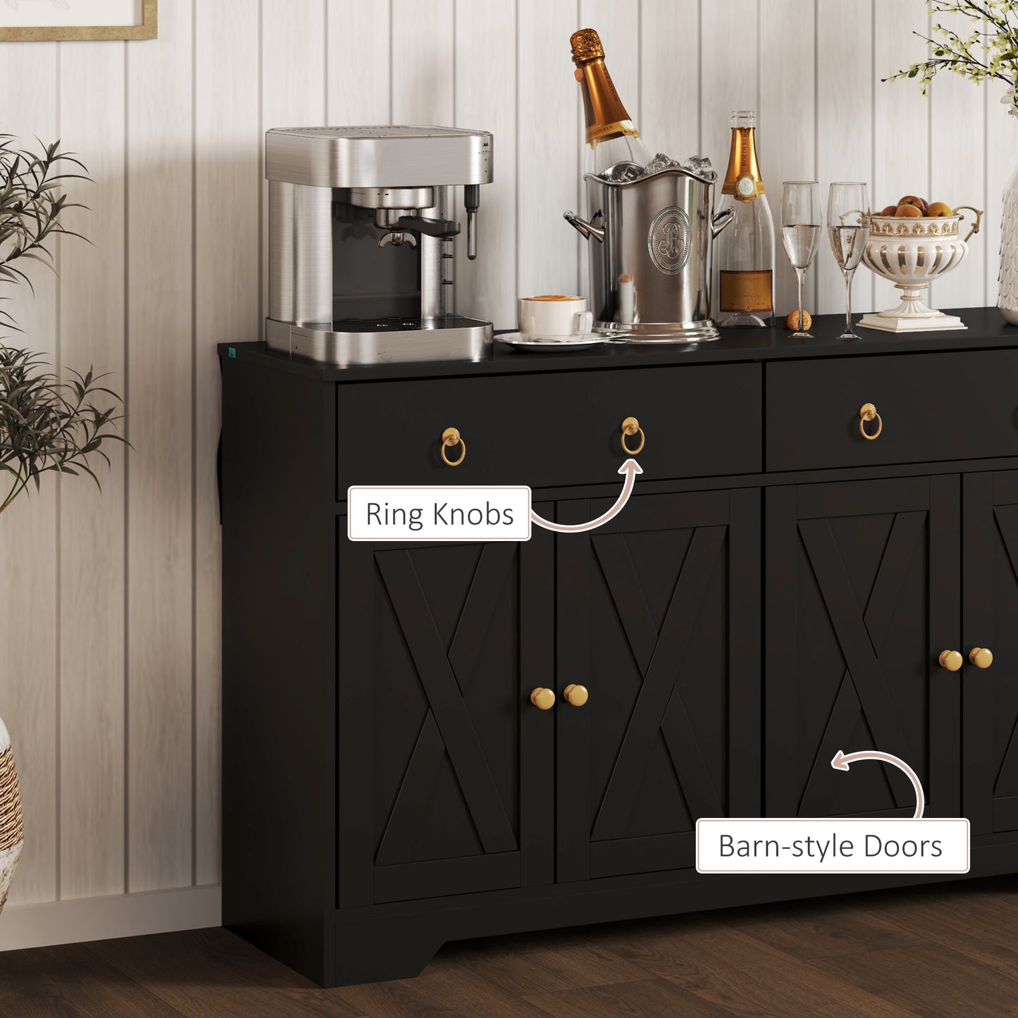 Buffet avec 2 tiroirs, 4 portes de grange et 2 étagères réglables, noir