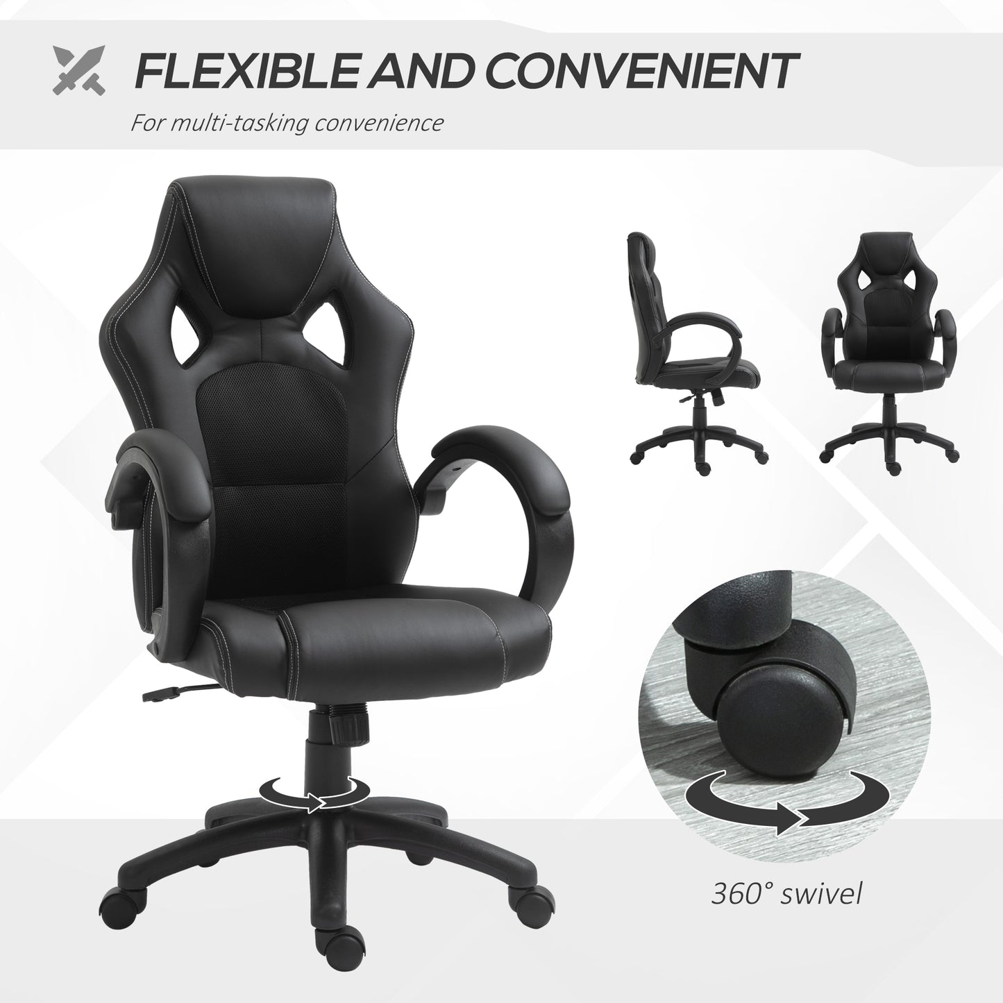 Racing Gaming Office Chair with Swivel Casters, Padded Headrest and Tilt Function, Black