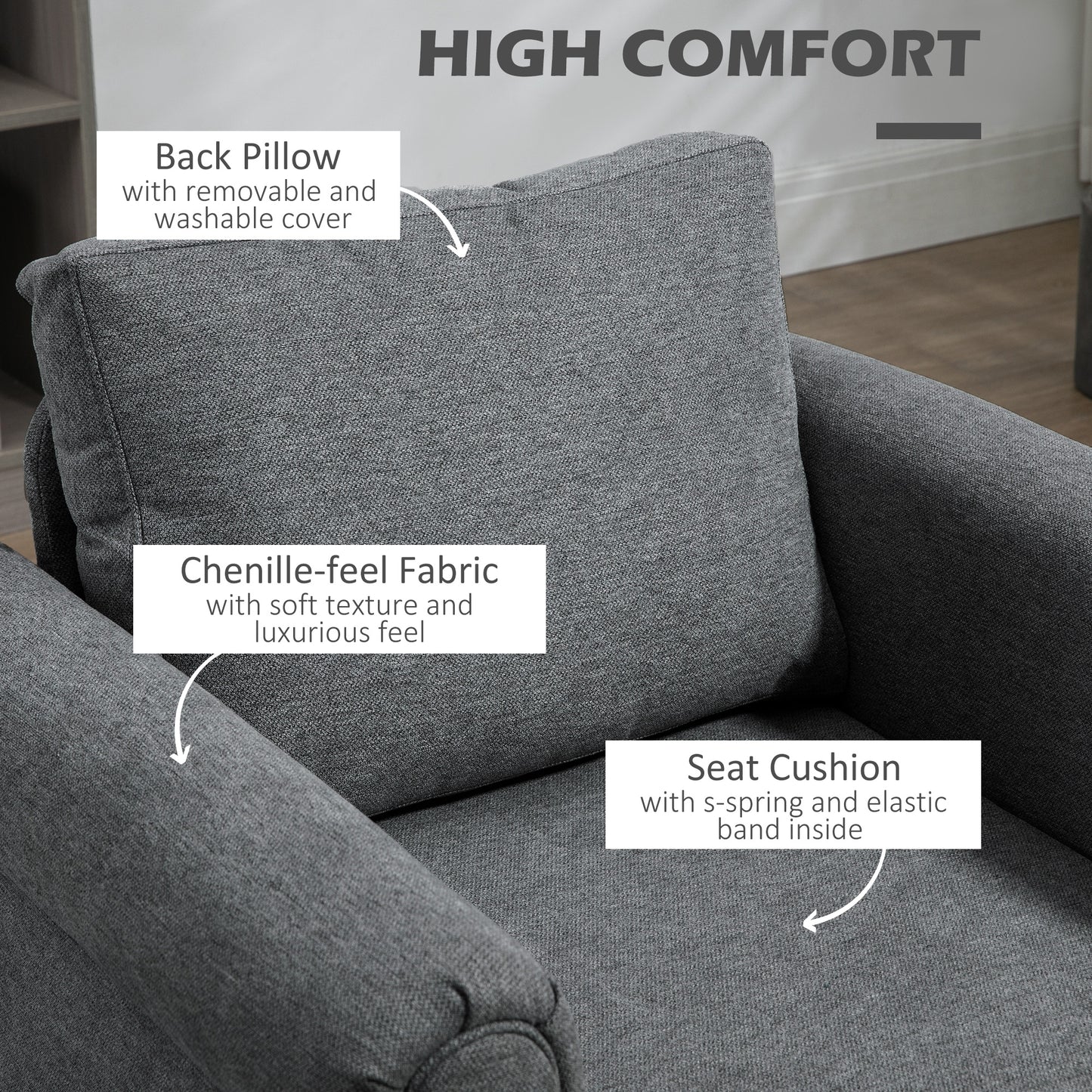 Fauteuil d'appoint rembourré avec accoudoirs, pieds en bois d'hévéa en forme de gourde, gris clair