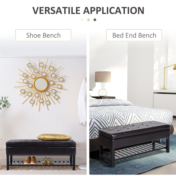 Banc à chaussures capitonné en cuir synthétique avec coffre de rangement, marron