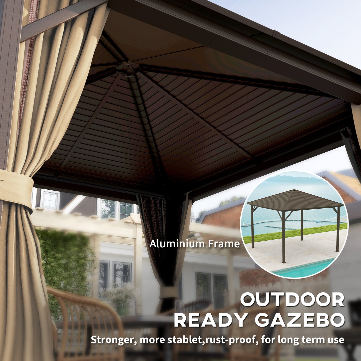 Gazebo 10' x 10' à toit rigide en aluminium avec moustiquaire, rideaux et crochet de suspension, marron