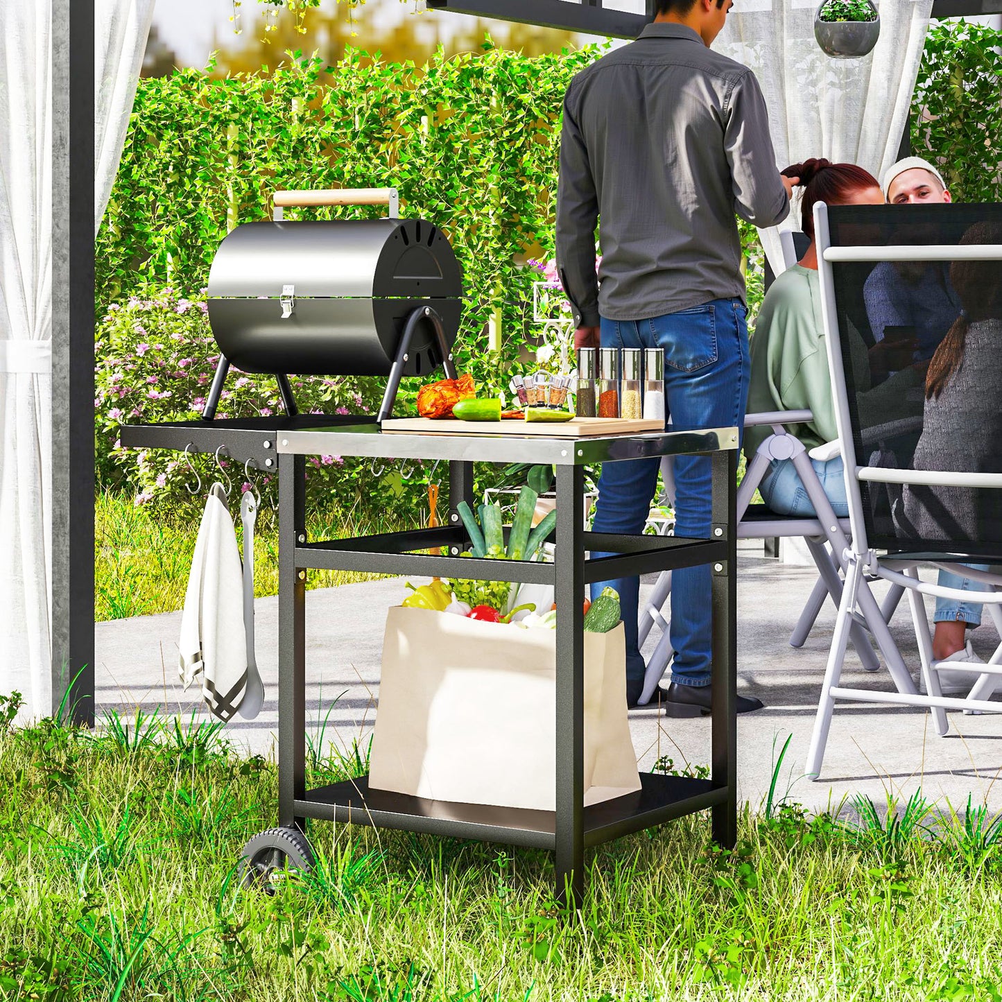Outsunny Outdoor Kitchen Prep Station with Stainless Steel Top and Foldable Side Table, Pizza Oven Table Outdoor Prep Table with Hooks Shelf, Movable BBQ Table with Cover, Black |