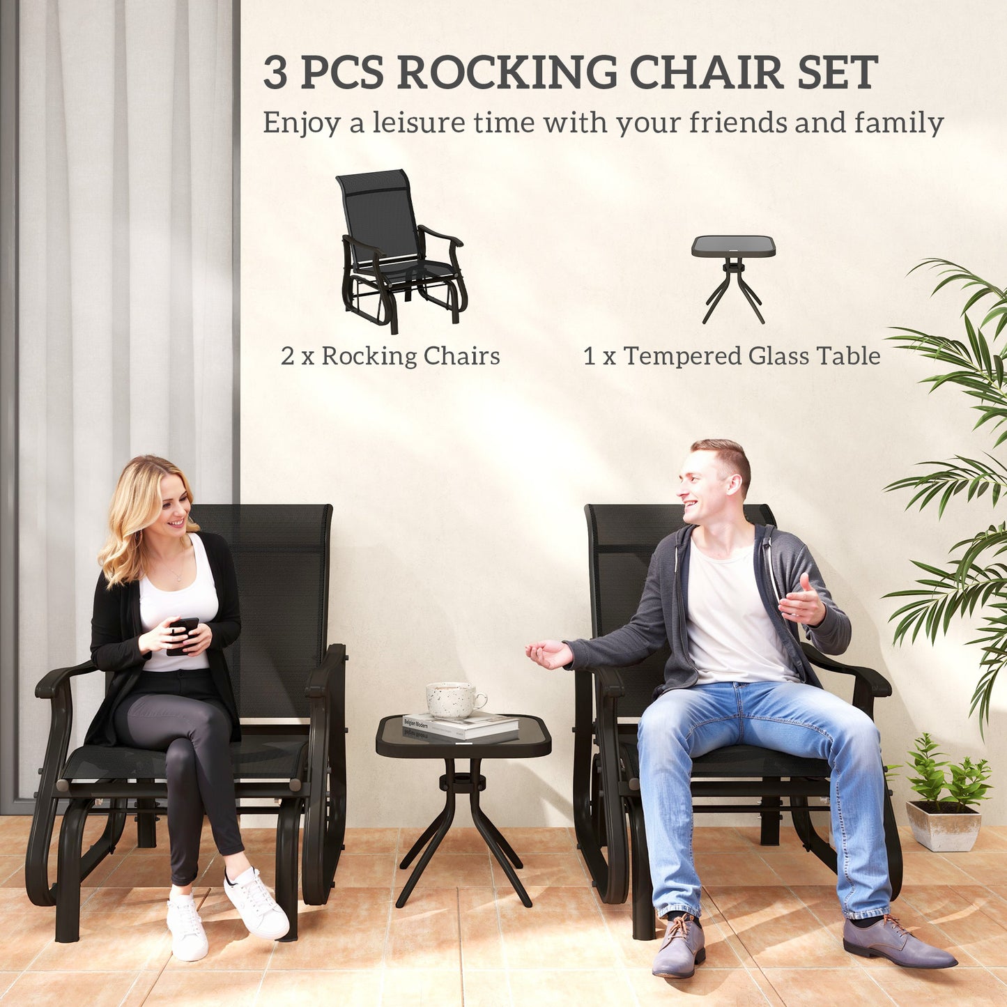 Outsunny 3PCs Gliding Rocking Chair & Bistro Tea Table Set, Black |