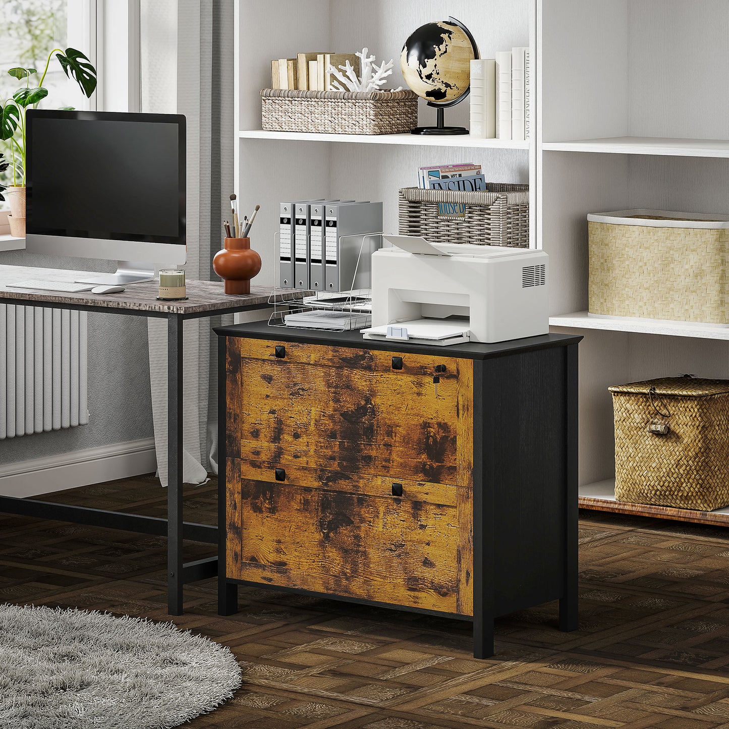 Classeur HOMCOM à 2 tiroirs, verrouillable avec barre de suspension réglable pour documents A4, marron rustique