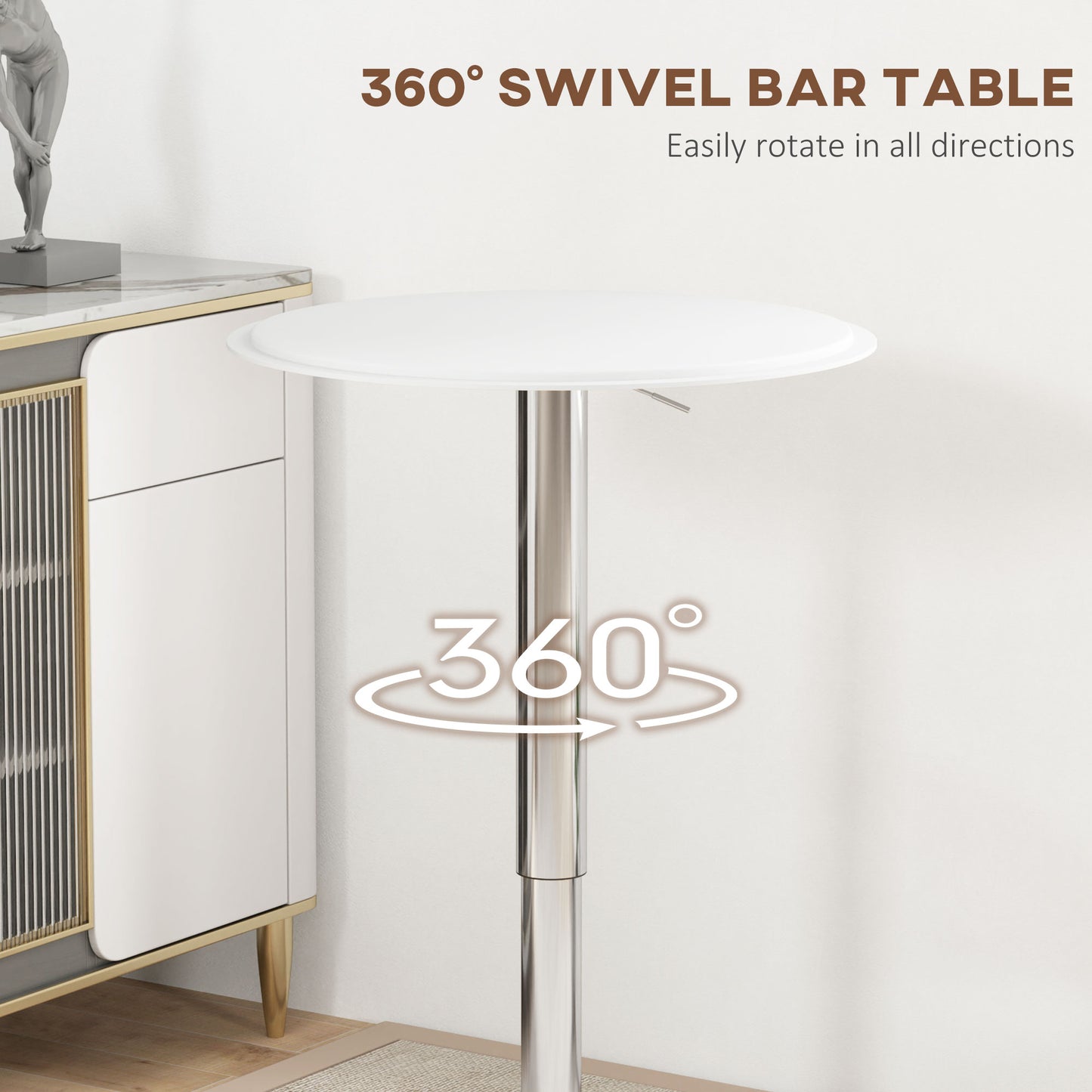 Table de bar ronde moderne réglable en hauteur, plateau en bois recouvert de similicuir, base chromée, blanc