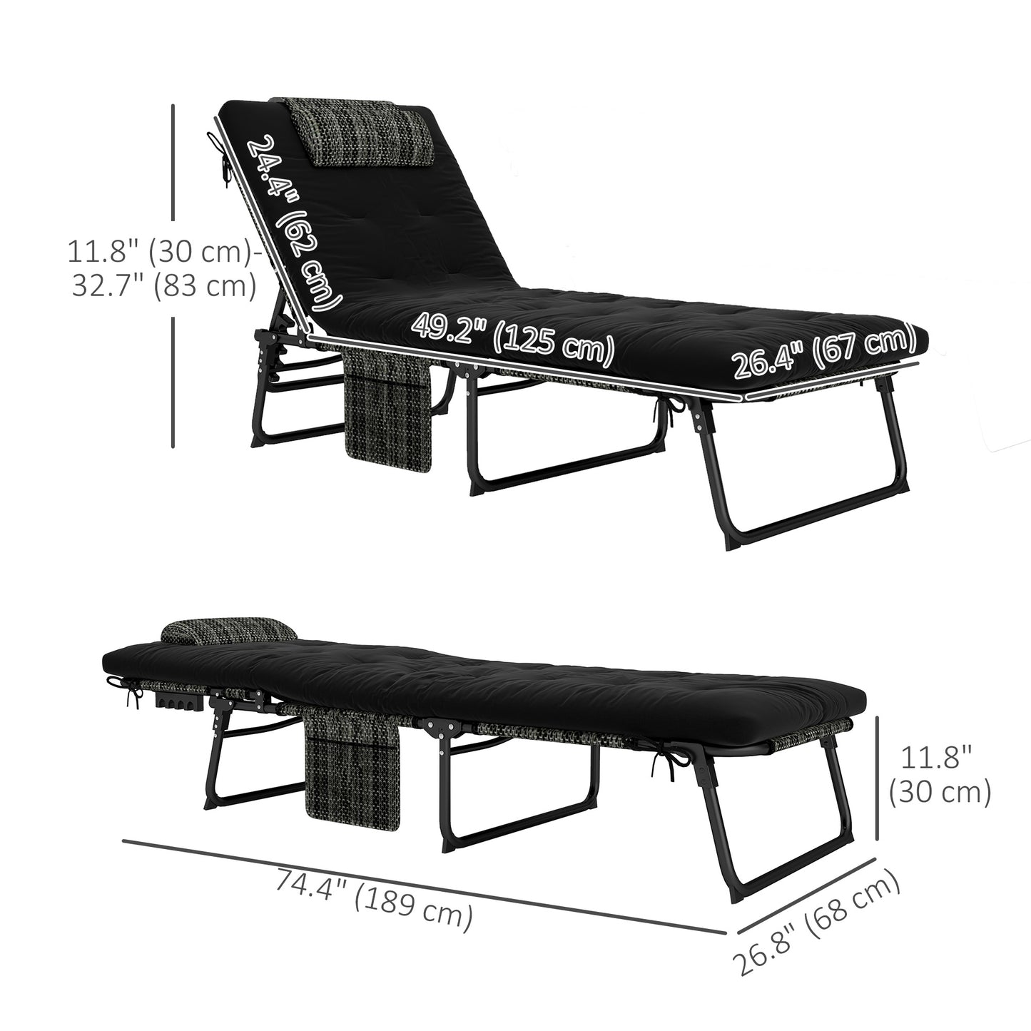 Outsunny Folding Lounge Chair with 4-level Reclining Back & Cushion, Black |