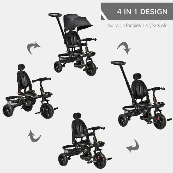 Tricycle 4 en 1 avec siège réglable réversible, poignée amovible et ceinture, noir