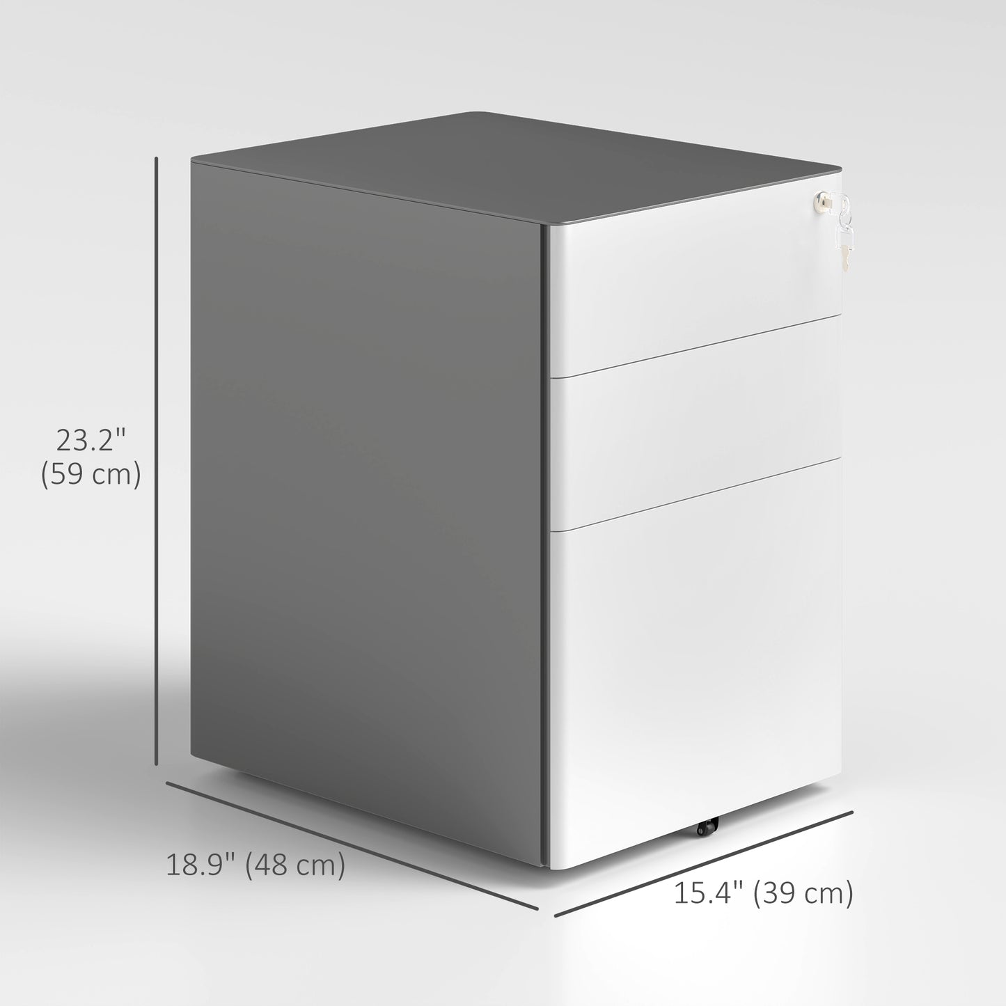 Classeur Vinsetto 3 tiroirs, meuble de rangement à roulettes pour bureau à domicile, serrure pour dossiers A4, lettres et format légal, gris et blanc