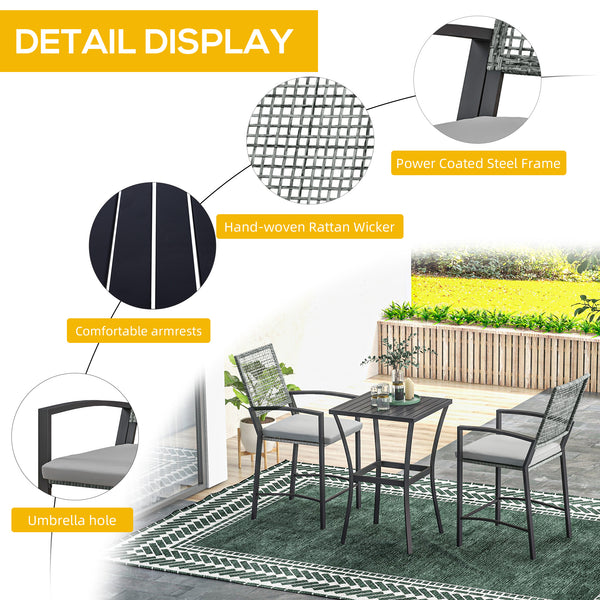 3 Piece Rattan Bar Table and Chair Set with Cushions