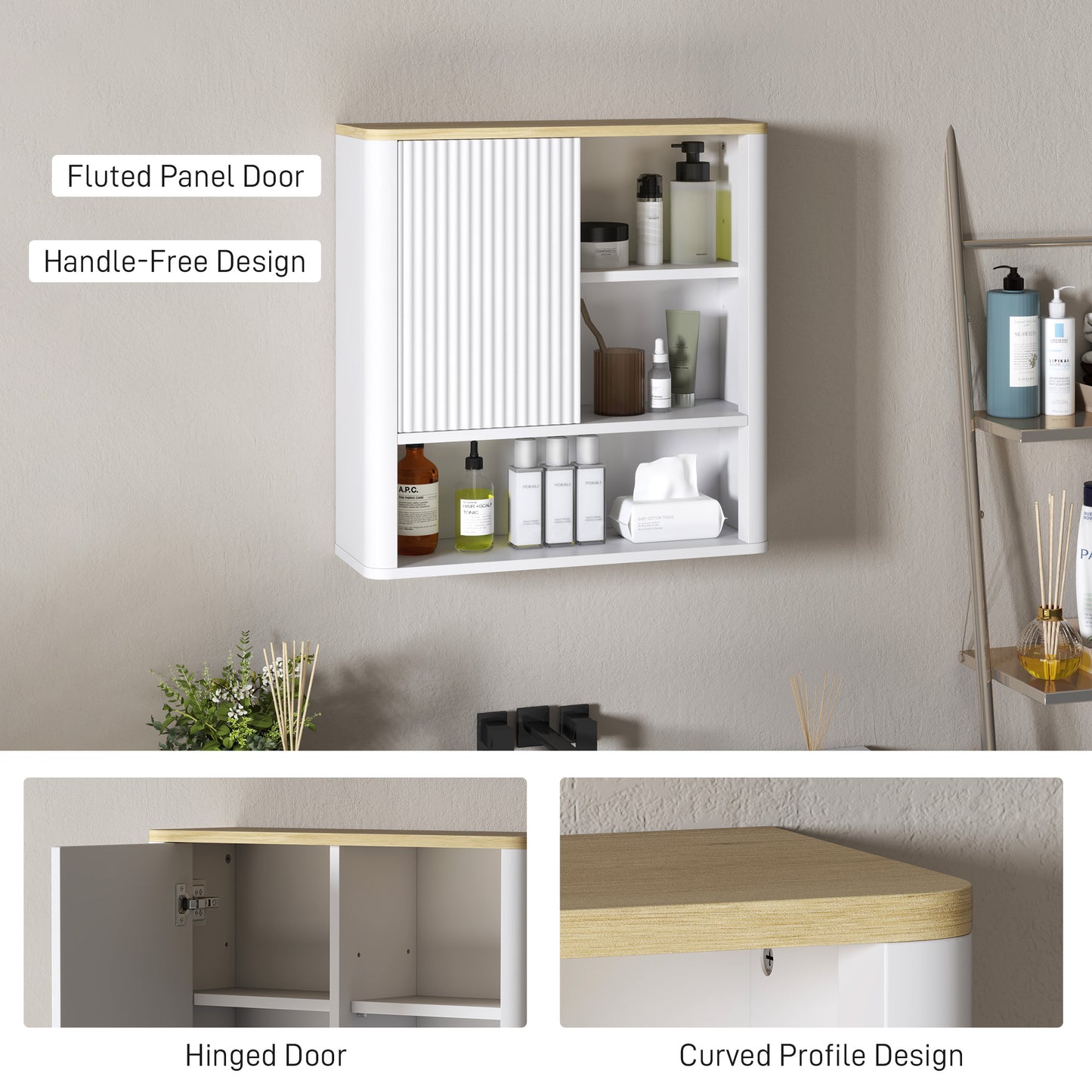 Medicine cabinet with fluted panel, curved with adjustable shelves, white